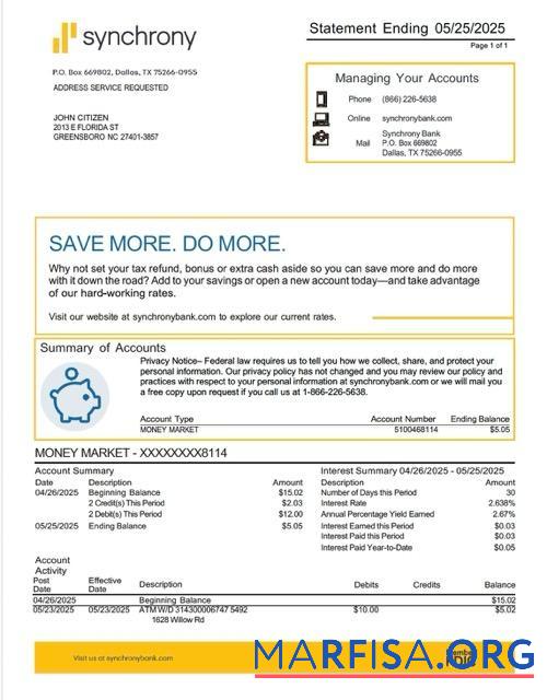 Blank USA Synchrony bank statement word template